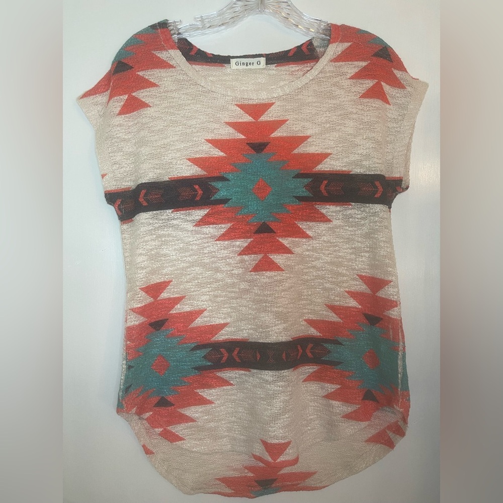 Ginger G Womens Short Sleeve Top Southwestern Aztec Print - Size S